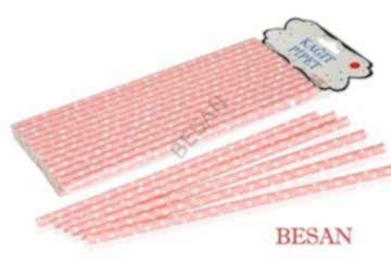 KAĞIT PİPET 20 CM - Ø6MM. PEMBE ÜZERİNE BEYAZ PUANTİYE / 24 ADET