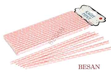 KAĞIT PİPET UZUN 26 CM - Ø6MM. PEMBE ÜZERİNE BEYAZ PUANTİYE / 25 ADET